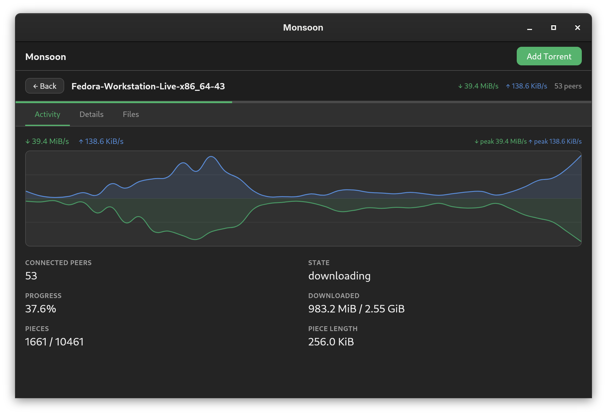 Activity view with speed graph